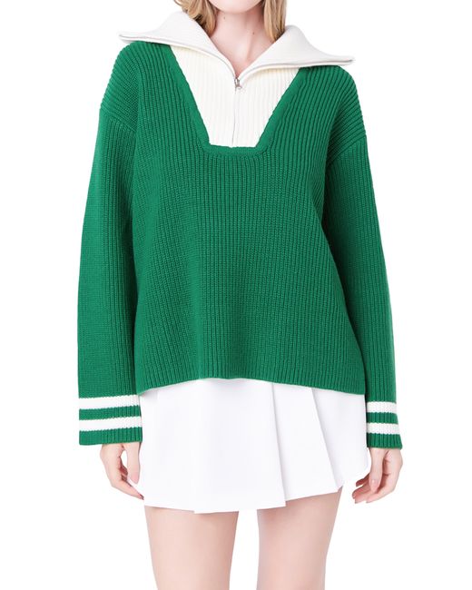 English Factory Green Colorblock Half-zip Sweater