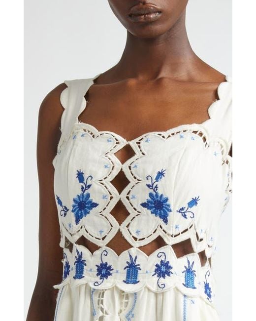 Farm Rio White Richilieu Embroidered Linen Blend Midi Sundress