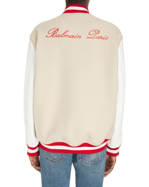 Balmain Red Signature Mixed Media Virgin Wool & Faux Leather Varsity Jacket for men