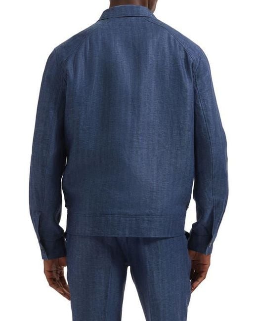 Bugatchi Blue Linen Bomber Jacket for men