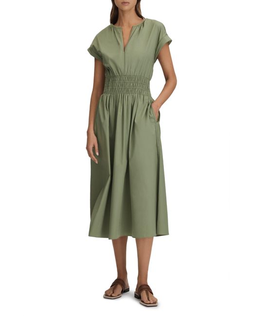 Reiss Green Lena Shirred Waist Cotton Midi Dress
