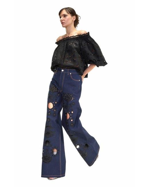 Cynthia Rowley Blue Embroidered Wide-Leg Jean