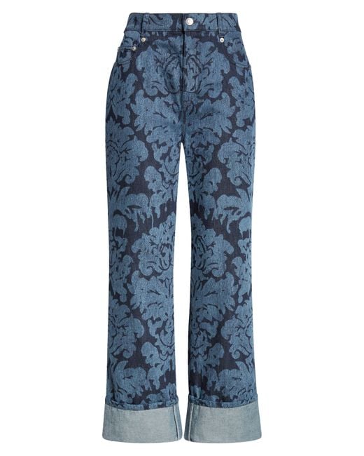Alexander McQueen Blue Damask Floral-Print Straight-Leg Jeans