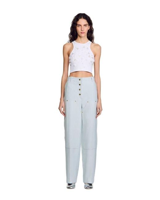 Sandro Blue Beaded And Rhinestone Tank Top