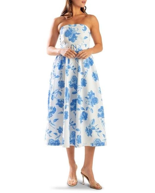FREEMARKET Blue Floral Strapless Midi Dress