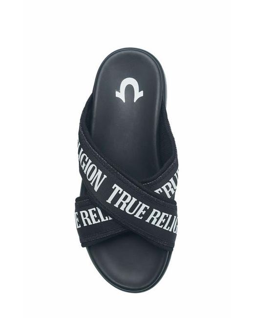 True Religion Blue Alia Cross Strap Slip On Platform Sandal