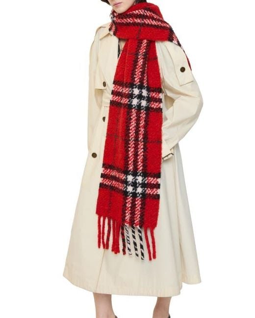 Burberry Women's Red Check Alpaca & Wool Blend Bouclé Fringe Scarf
