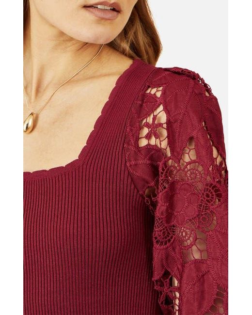 Yumi' Red Ribbed Knitted Lace Sleeve Top