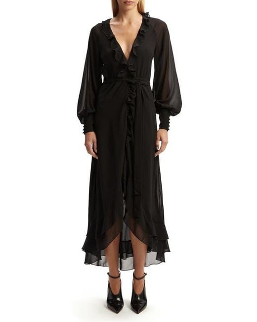 Bardot Women's Black Kassia Ruffle Long Sleeve High/Low Maxi Dress