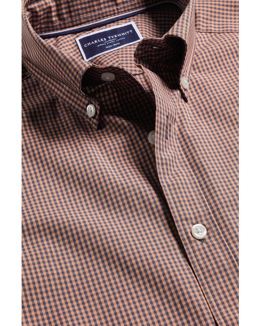 Charles Tyrwhitt Purple Slim Fit Light Button-down Collar Non-iron Stretch Poplin Mini Gingham Short Sleeve Shirt for men