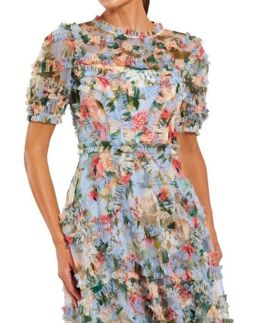 Mac Duggal Floral Printed Mesh Ruffle High Neck Midi Dress | Lyst