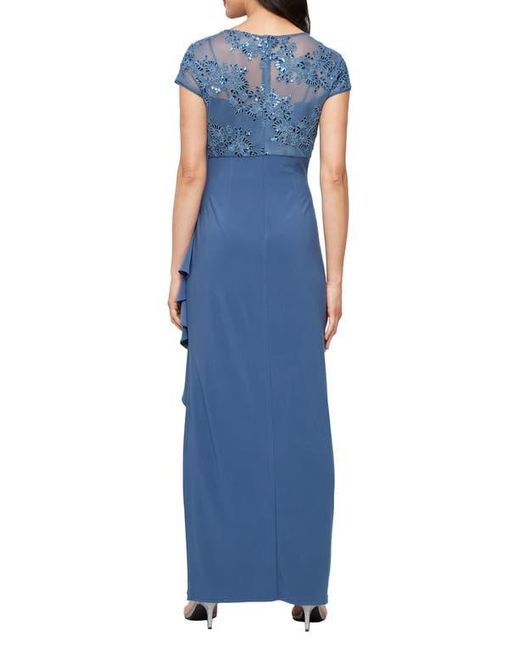 Alex Evenings Blue Sequin Embroidered Ruched Gown