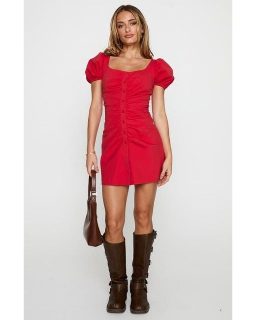 Princess Polly Red Back To Paris Ruched Puff Sleeve Minidress