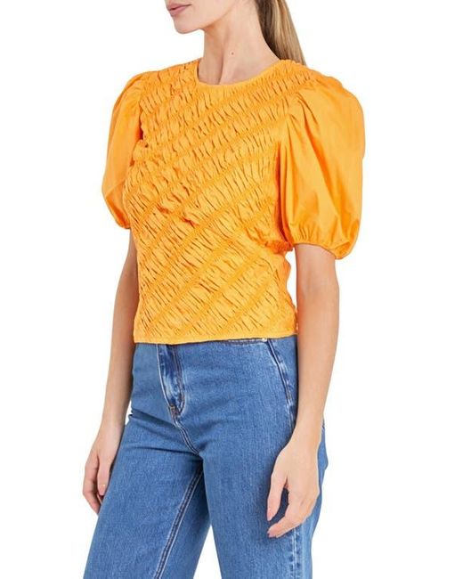 English Factory Blue Asymmetric Shirred Puff Sleeve Top