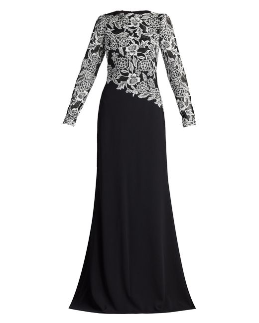 Tadashi Shoji Black Sequin Lace Long Sleeve Crepe Gown
