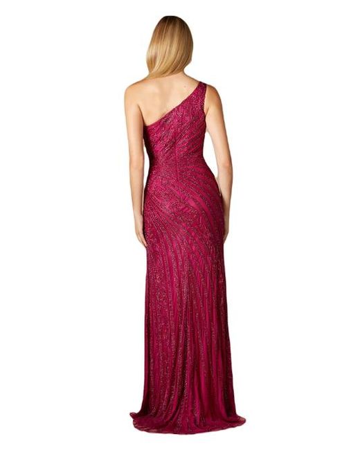 LARA New York Red One-Shoulder Beaded Gown With Slit