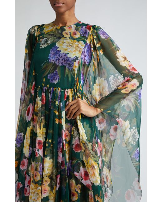Dolce & Gabbana Multicolor Garden Floral Print Long Sleeve Silk Chiffon Maxi Dress