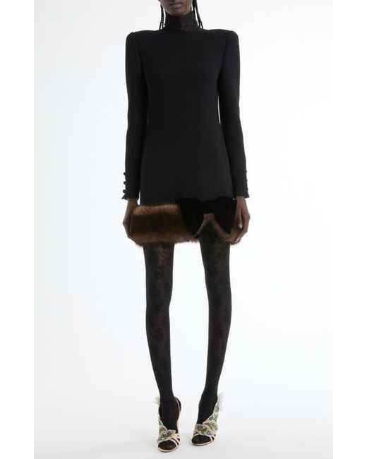 Valentino Black Long Sleeve Wool Crepe Minidress With Genuine Shearling Trim