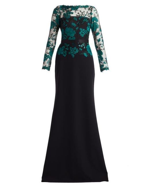 Tadashi Shoji Black Floral Lace Embroidery Long Sleeve Gown