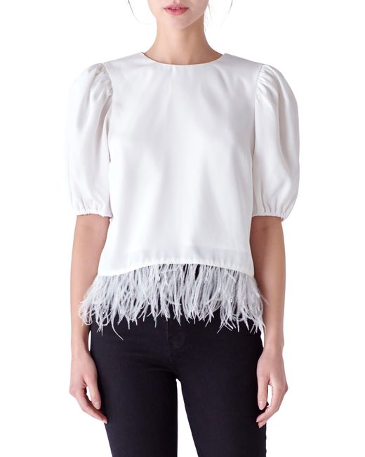 English Factory White Feather Edge Puff Sleeve Top