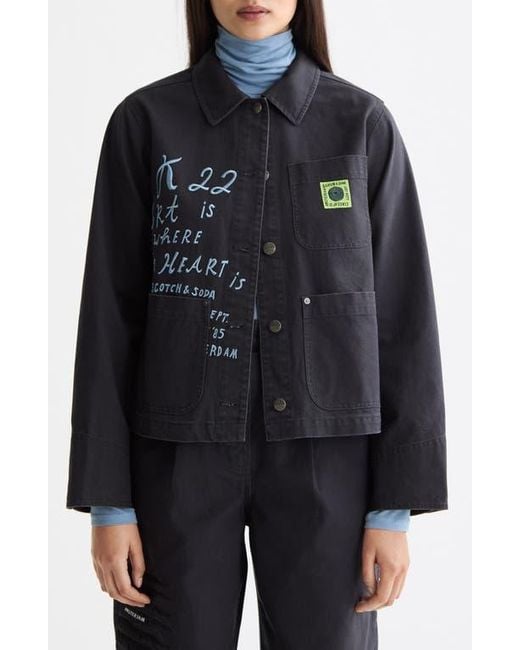 Scotch & Soda Black Washed Embroidery Detail Cotton Workwear Jacket