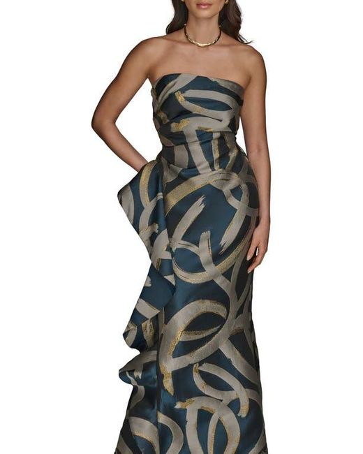Donna Karan Green Ruffle Strapless Metallic Jacquard Trumpet Gown