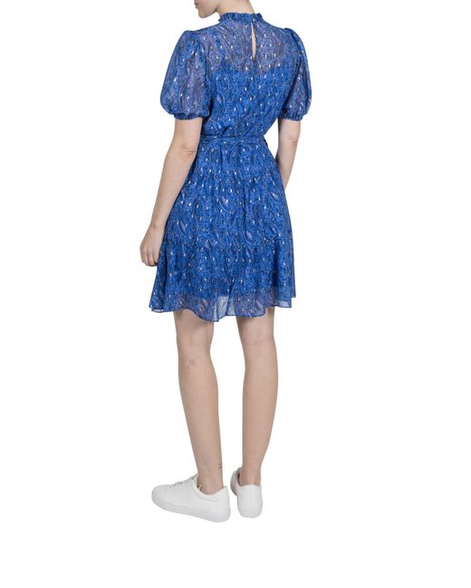 Julia Jordan Blue Foil Crinkle Puff Sleeve Chiffon Dress
