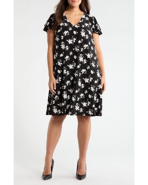 Anne Klein Women's Black Floral Double Flutter Sleeve Dress