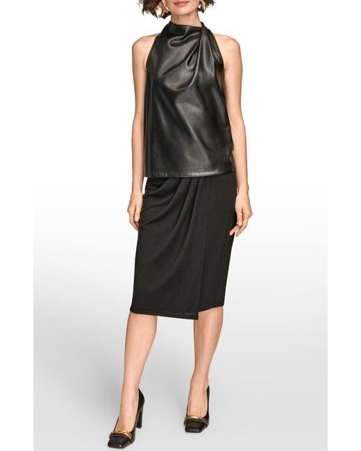 Donna Karan Black Mixed Media Sleeveless Faux Leather Top