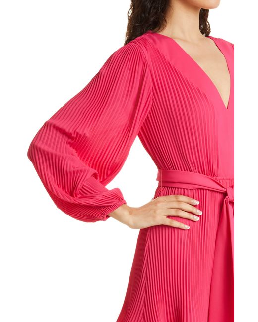 MILLY Red Liv Pleated Long Sleeve Dress