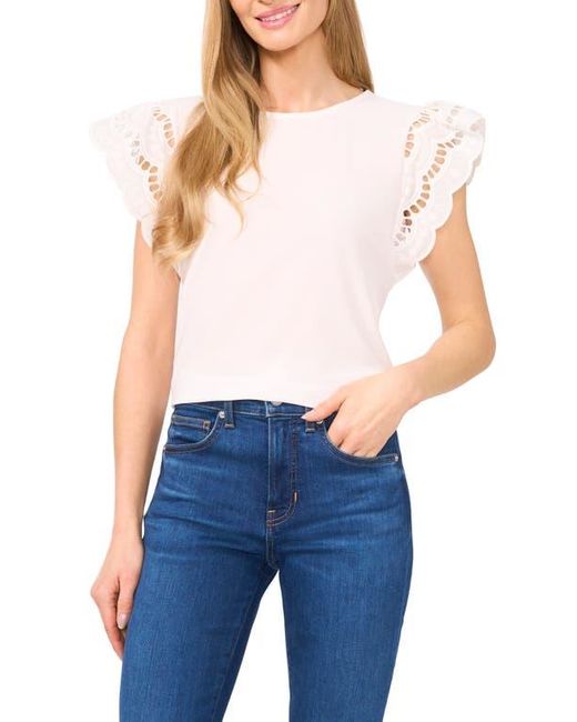Cece Blue Embroidered Flutter Sleeve Mixed Media Top