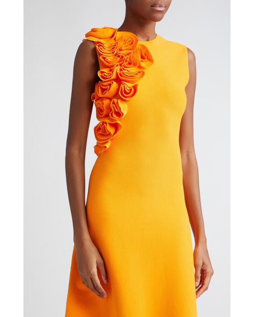 Lela Rose Orange Floral Ruffle Sleeveless Knit Midi Dress