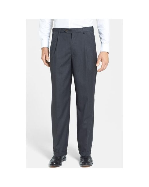 Berle Blue Self Sizer Waist Pleated Lightweight Plain Weave Classic Fit Trousers for men