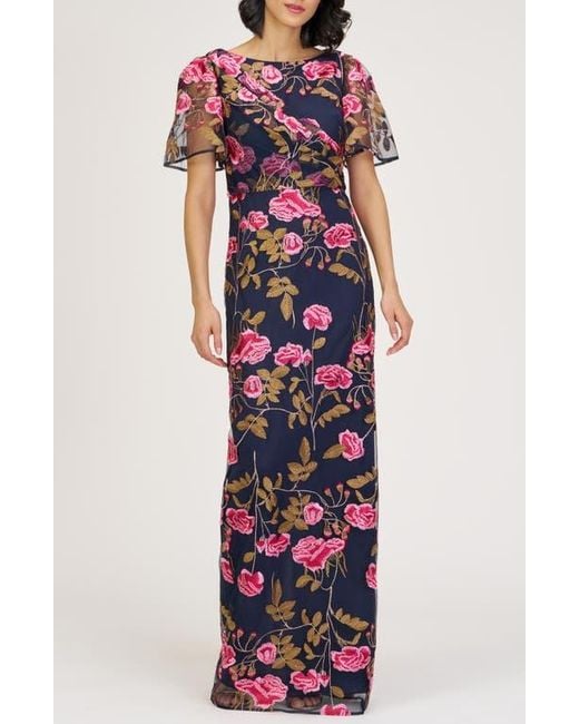 JS Collections White Kristine Floral Embroidery Column Gown
