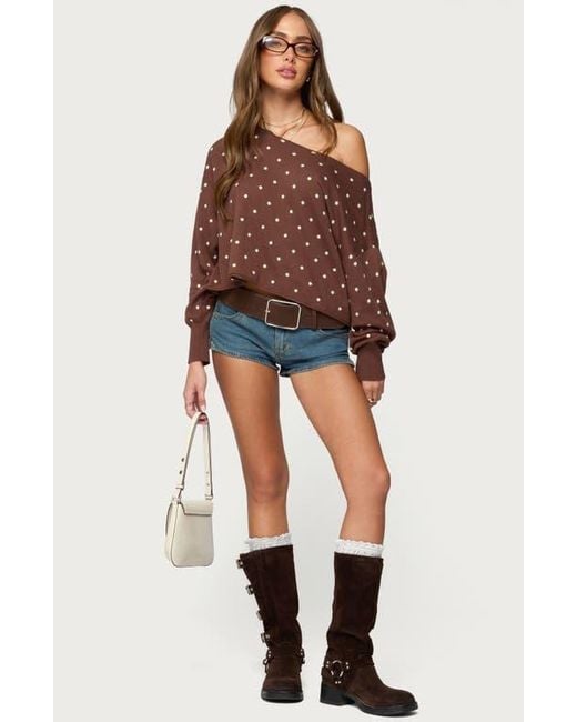 Edikted Brown Oversize Off The Shoulder Polka Dot Sweater