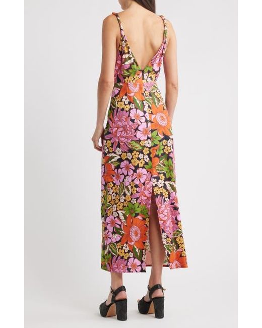 Farm Rio Red Vivi Rosette Detail Floral Linen Blend Maxi Dress