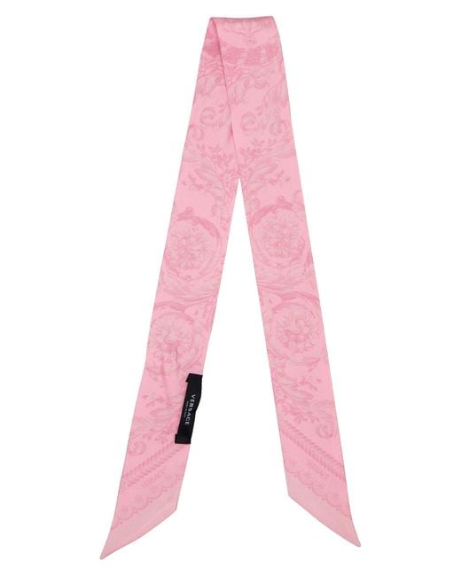 Versace Pink Barocco Print Silk Skinny Scarf
