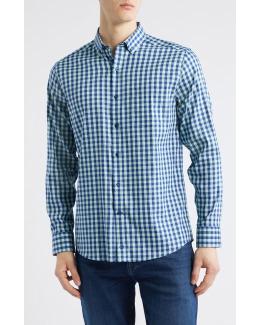 Johnston & Murphy Blue Xc4 Two-Tone Gingham Performance Button-Down Shirt for men