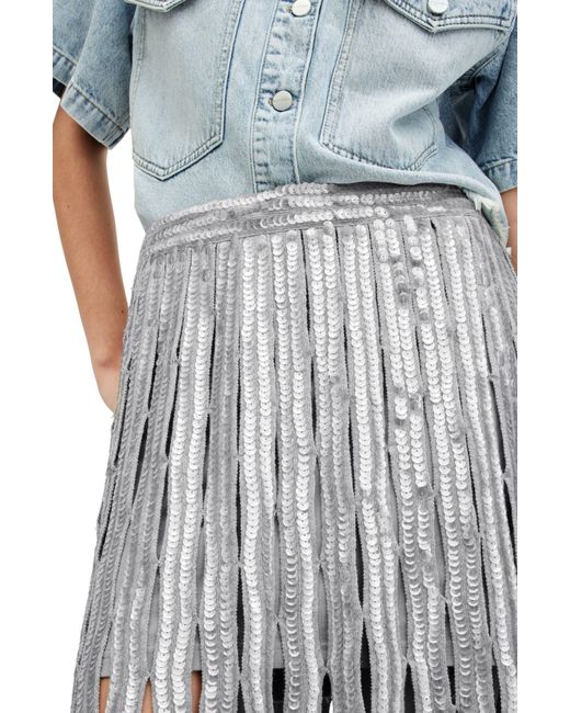 AllSaints Gray Francesca Sequin Fringe Midi Skirt