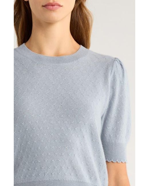 FRAME Blue Puff Sleeve Pointelle Cashmere Sweater