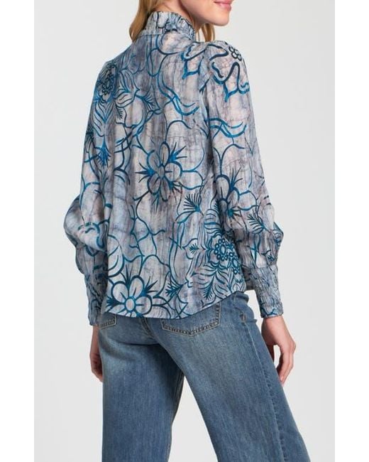 Apny Blue Puff Shoulder Button Front Top