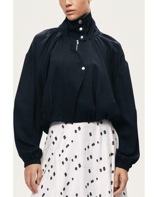 Nocturne Blue High-Neck Gathered Jacket