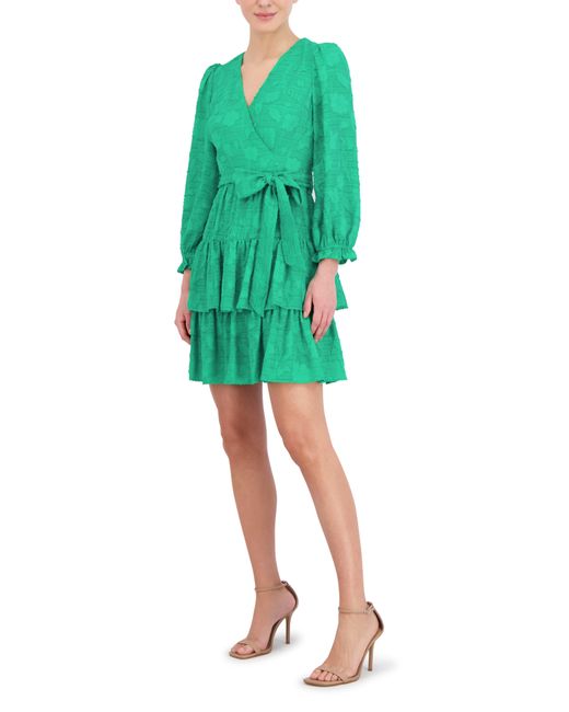 Eliza J Green Floral Appliqué Long Sleeve Tiered Dress