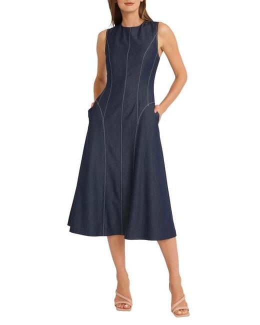 Maggy London Blue Contrast Stitch Sleeveless Denim Midi Dress