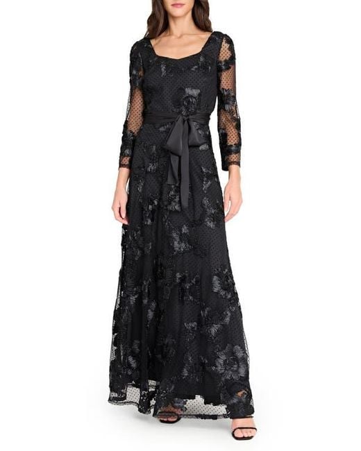 Tahari Embroidered Sheer Long Sleeve Gown in Black | Lyst