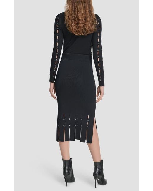 DKNY Black Grommet Trim Fringe Hem Sweater Midi Skirt