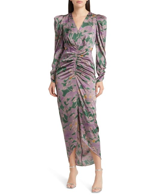 FLORET STUDIOS Cutout Ruched Long Sleeve Satin Dress Lyst