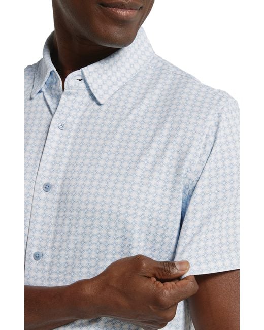 7 Diamonds White Morris Geo Print Short Sleve Performance Button-up Shirt for men