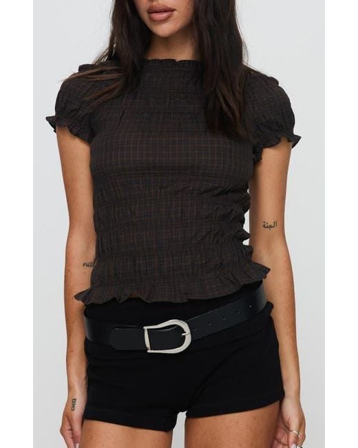 Princess Polly Black Romelle Plaid Smocked Cotton Top