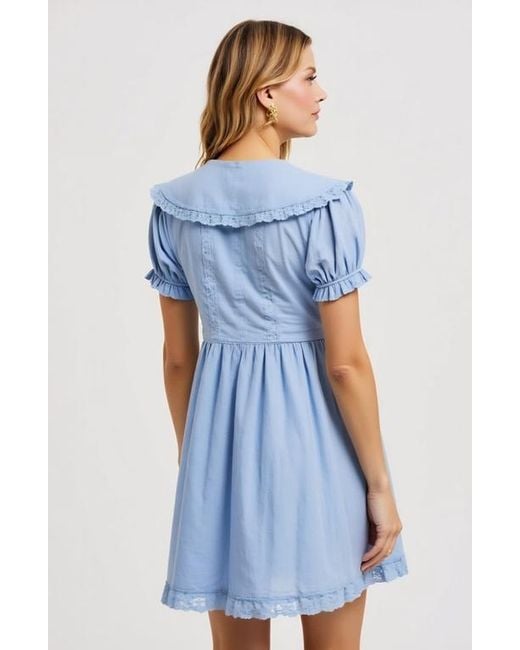 Modenaire Blue Button-Front Puff Sleeve Lace Trim Ruffle Detail Mini Dress